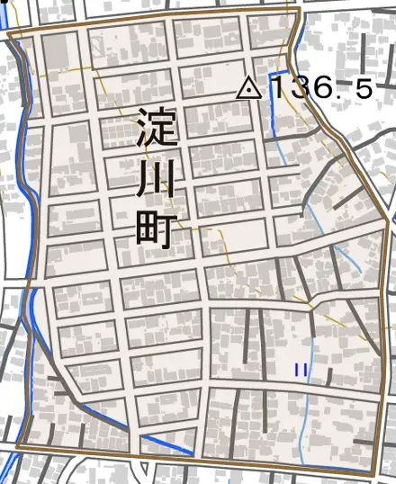 淀川町とその周辺の地図。町の範囲を重ねている