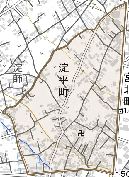 淀平町とその周辺の地図。町の範囲を重ねている