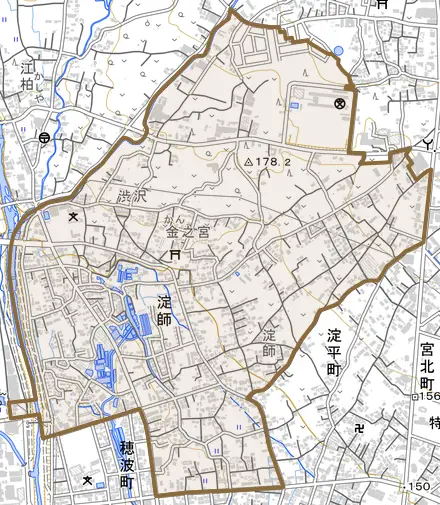 淀師とその周辺の地図。町の範囲を重ねている