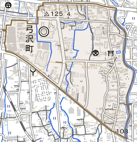 弓沢町とその周辺の地図。町の範囲を重ねている
