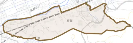 愛野とその周辺の地図。町の範囲を重ねている