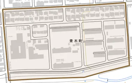 青木町とその周辺の地図。町の範囲を重ねている