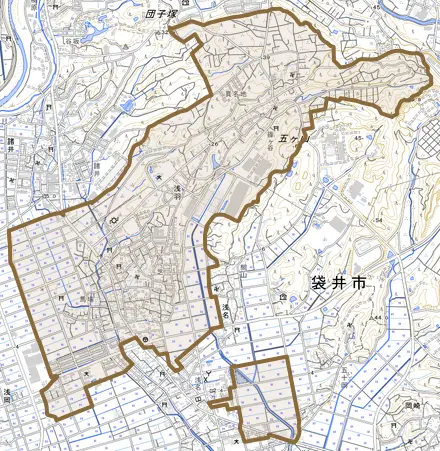 浅羽とその周辺の地図。町の範囲を重ねている