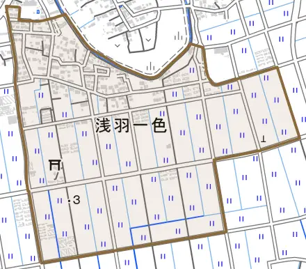 浅羽一色とその周辺の地図。町の範囲を重ねている