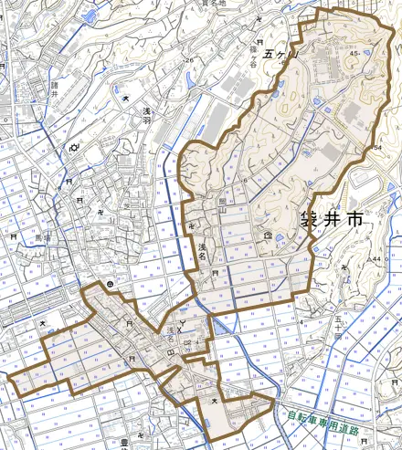 浅名とその周辺の地図。町の範囲を重ねている