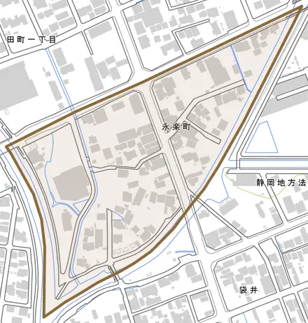 永楽町とその周辺の地図。町の範囲を重ねている