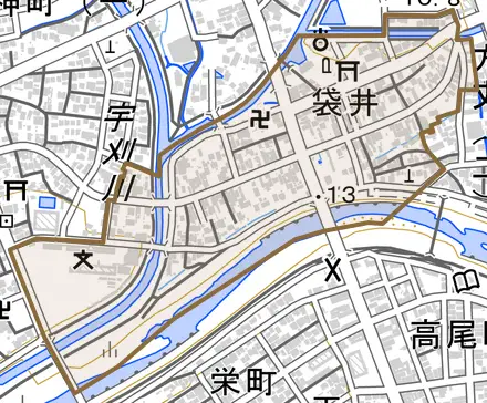 袋井とその周辺の地図。町の範囲を重ねている