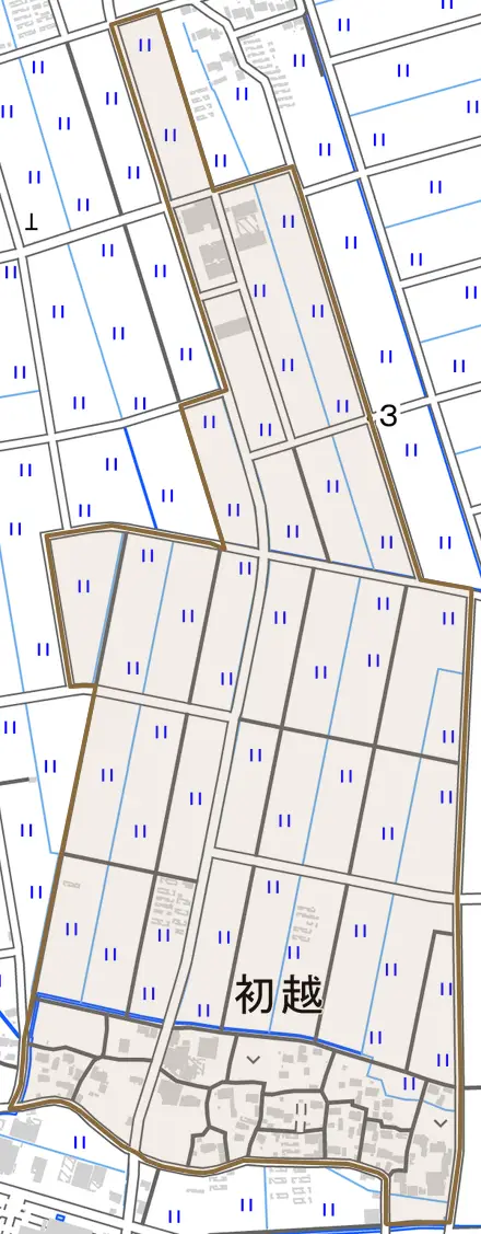 初越とその周辺の地図。町の範囲を重ねている