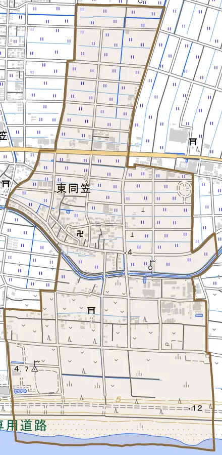 東同笠とその周辺の地図。町の範囲を重ねている
