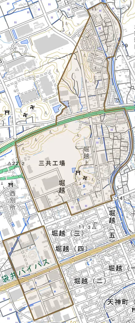 堀越とその周辺の地図。町の範囲を重ねている