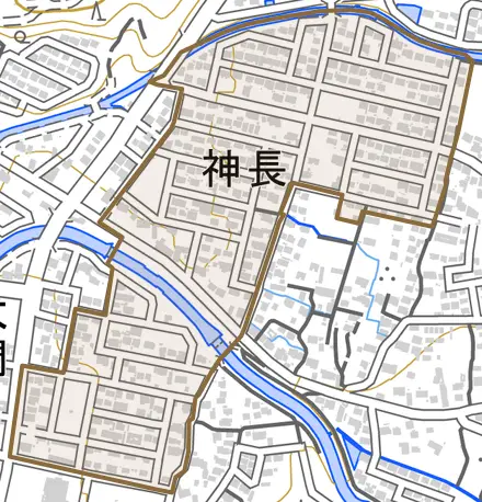 神長とその周辺の地図。町の範囲を重ねている