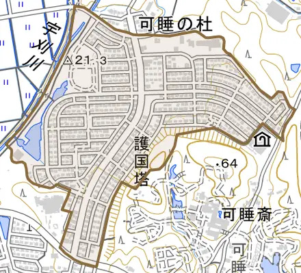 可睡の杜とその周辺の地図。町の範囲を重ねている