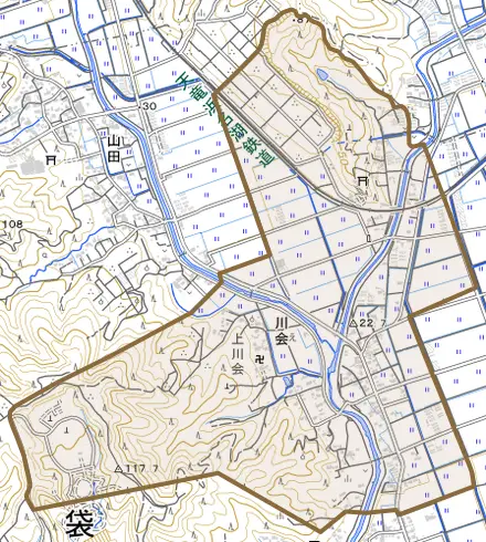 川会とその周辺の地図。町の範囲を重ねている