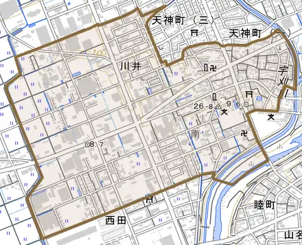 川井とその周辺の地図。町の範囲を重ねている