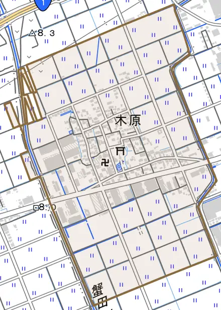 木原とその周辺の地図。町の範囲を重ねている