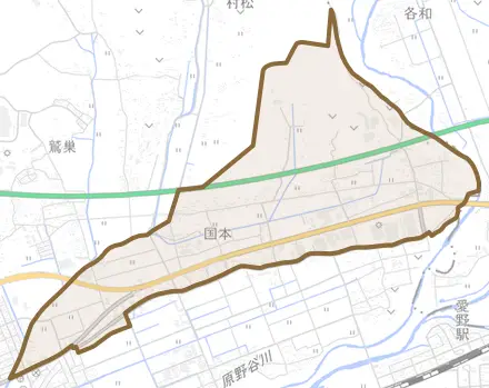 国本とその周辺の地図。町の範囲を重ねている