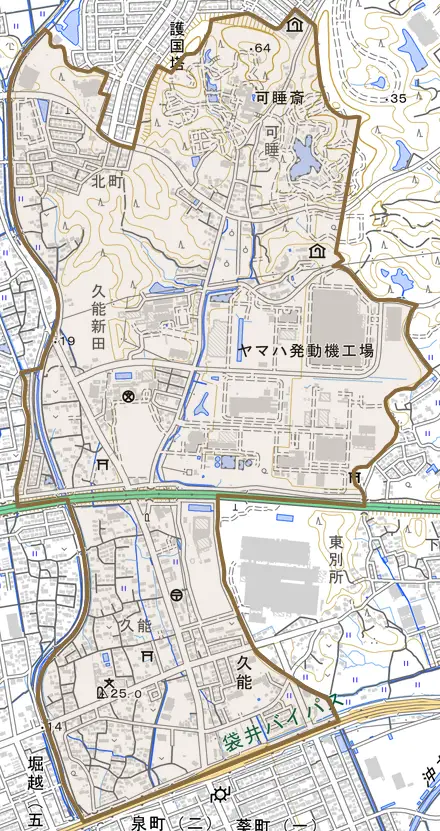 久能とその周辺の地図。町の範囲を重ねている