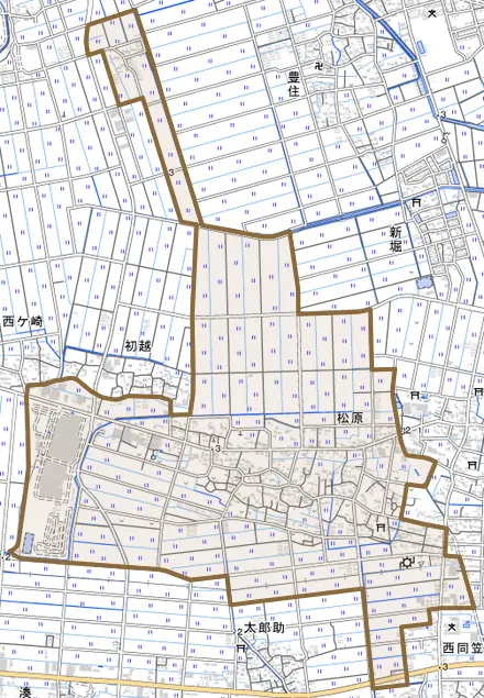 松原とその周辺の地図。町の範囲を重ねている