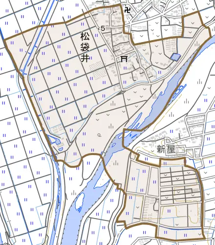 松袋井とその周辺の地図。町の範囲を重ねている