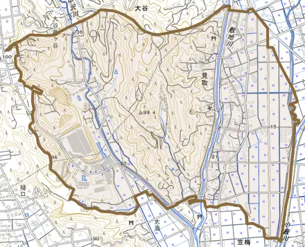 見取とその周辺の地図。町の範囲を重ねている