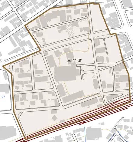 三門町とその周辺の地図。町の範囲を重ねている