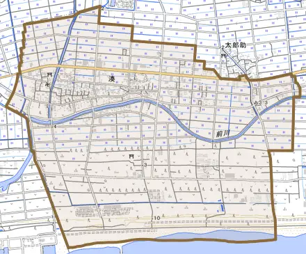 湊とその周辺の地図。町の範囲を重ねている