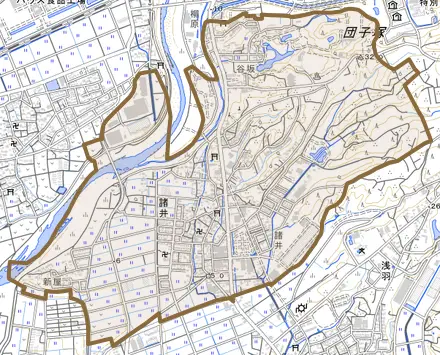 諸井とその周辺の地図。町の範囲を重ねている