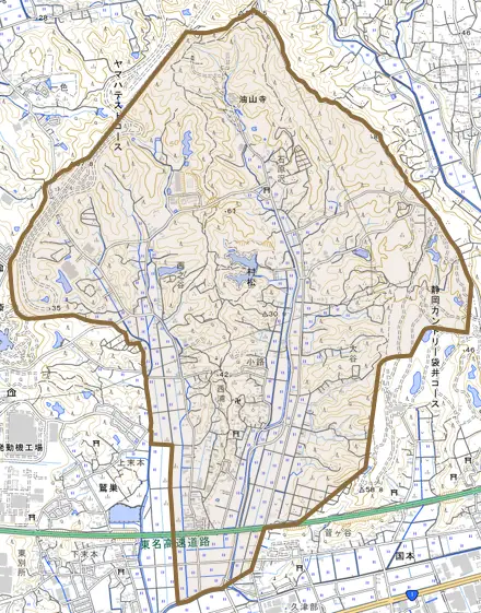 村松とその周辺の地図。町の範囲を重ねている