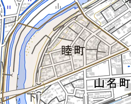 睦町とその周辺の地図。町の範囲を重ねている