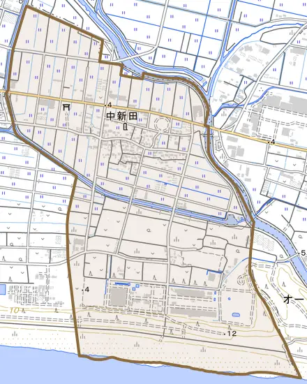 中新田とその周辺の地図。町の範囲を重ねている