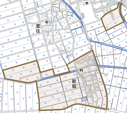 新堀とその周辺の地図。町の範囲を重ねている