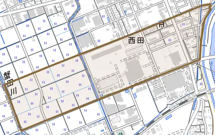 西田とその周辺の地図。町の範囲を重ねている
