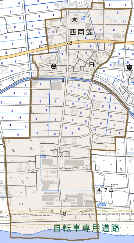 西同笠とその周辺の地図。町の範囲を重ねている