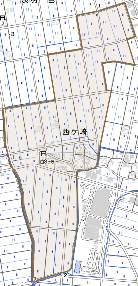 西ケ崎とその周辺の地図。町の範囲を重ねている