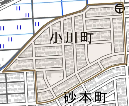 小川町とその周辺の地図。町の範囲を重ねている