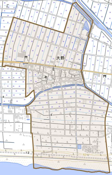大野とその周辺の地図。町の範囲を重ねている