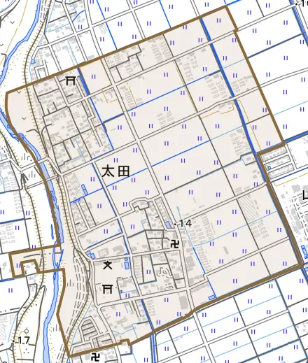 太田とその周辺の地図。町の範囲を重ねている