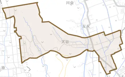 大谷とその周辺の地図。町の範囲を重ねている