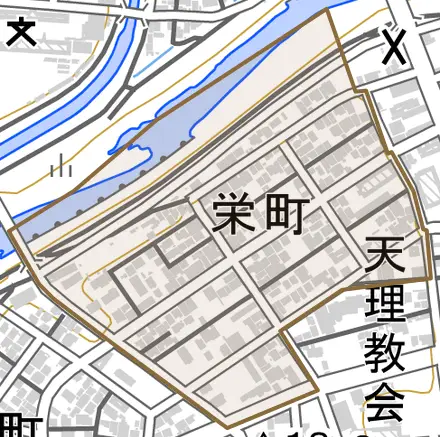 栄町とその周辺の地図。町の範囲を重ねている