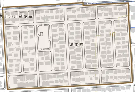 清水町とその周辺の地図。町の範囲を重ねている