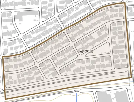 砂本町とその周辺の地図。町の範囲を重ねている