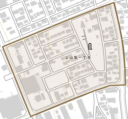 上山梨一丁目とその周辺の地図。町の範囲を重ねている