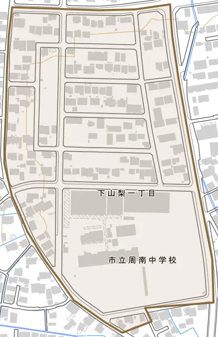 下山梨一丁目とその周辺の地図。町の範囲を重ねている