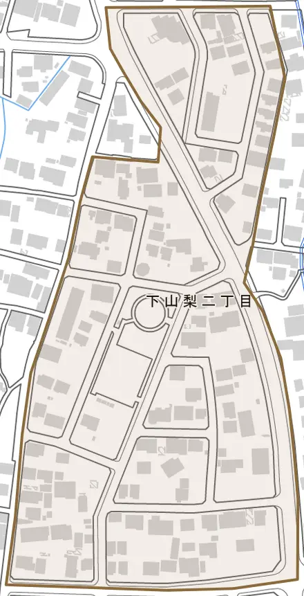 下山梨二丁目とその周辺の地図。町の範囲を重ねている