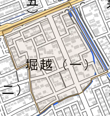 堀越一丁目とその周辺の地図。町の範囲を重ねている