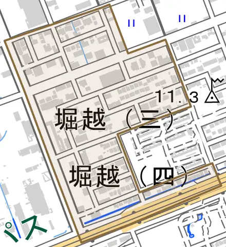 堀越三丁目とその周辺の地図。町の範囲を重ねている