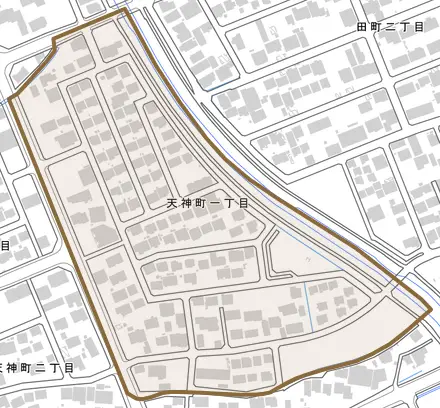 天神町一丁目とその周辺の地図。町の範囲を重ねている