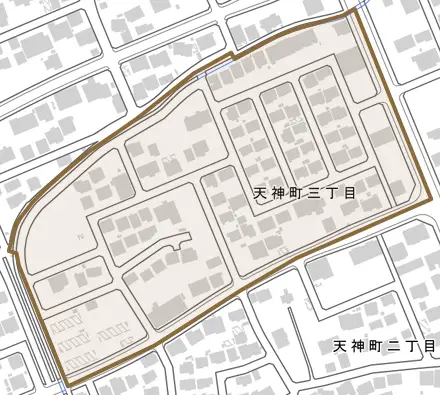 天神町三丁目とその周辺の地図。町の範囲を重ねている