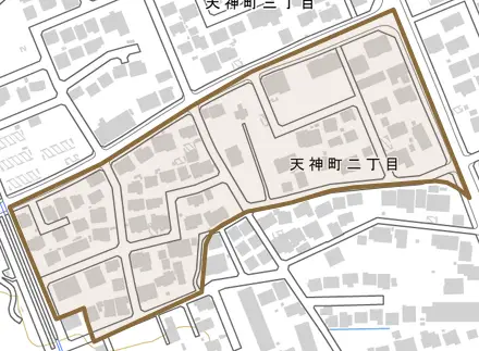 天神町二丁目とその周辺の地図。町の範囲を重ねている