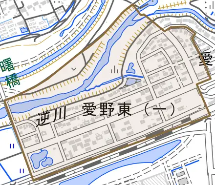 愛野東一丁目とその周辺の地図。町の範囲を重ねている